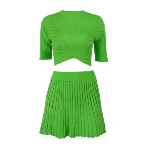 Pre Order:  Solid Pleated Crop Shirt   Pleated Skirt Set