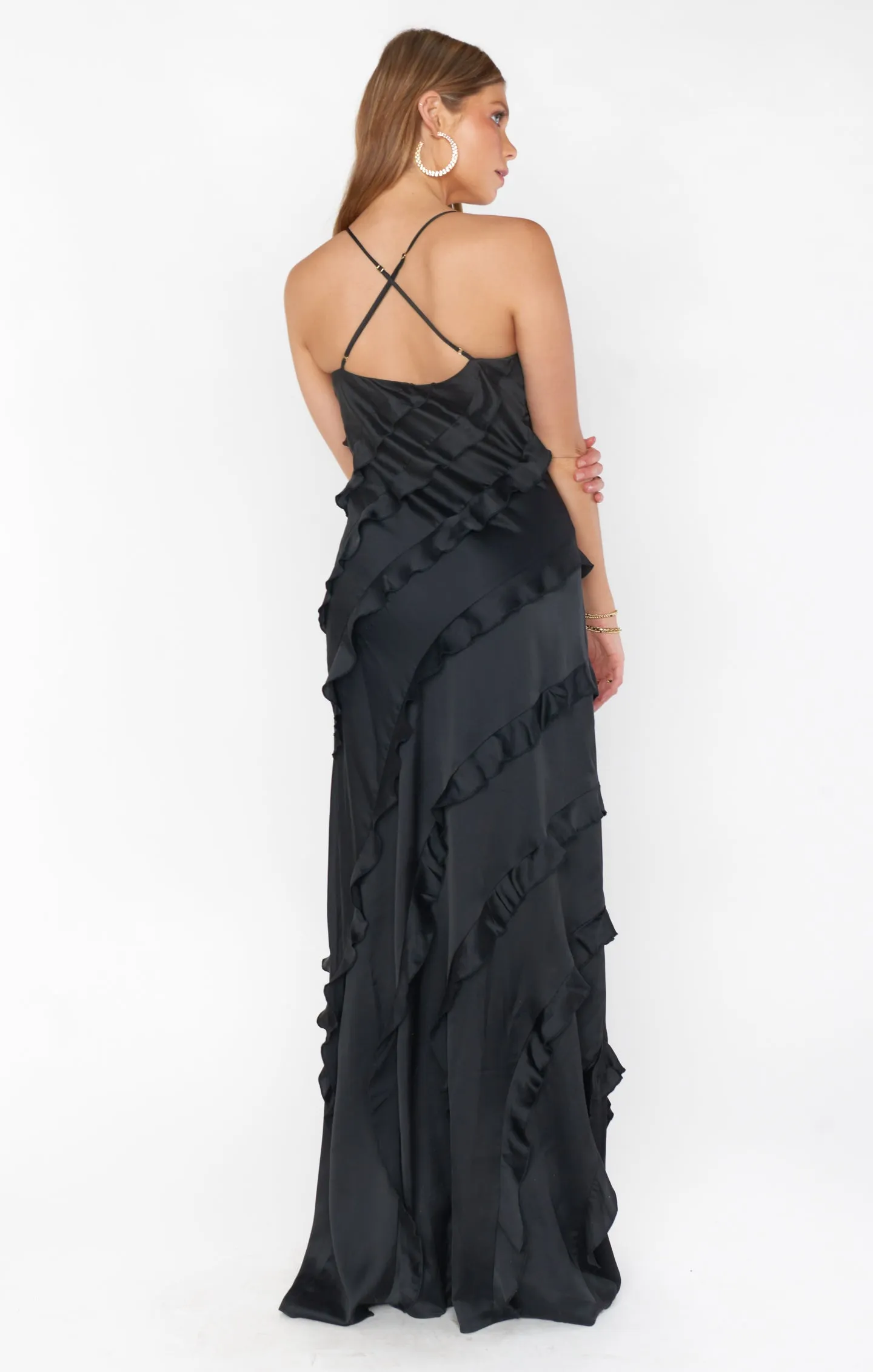 Romance Ruffle Dress ~ Black Luxe Satin