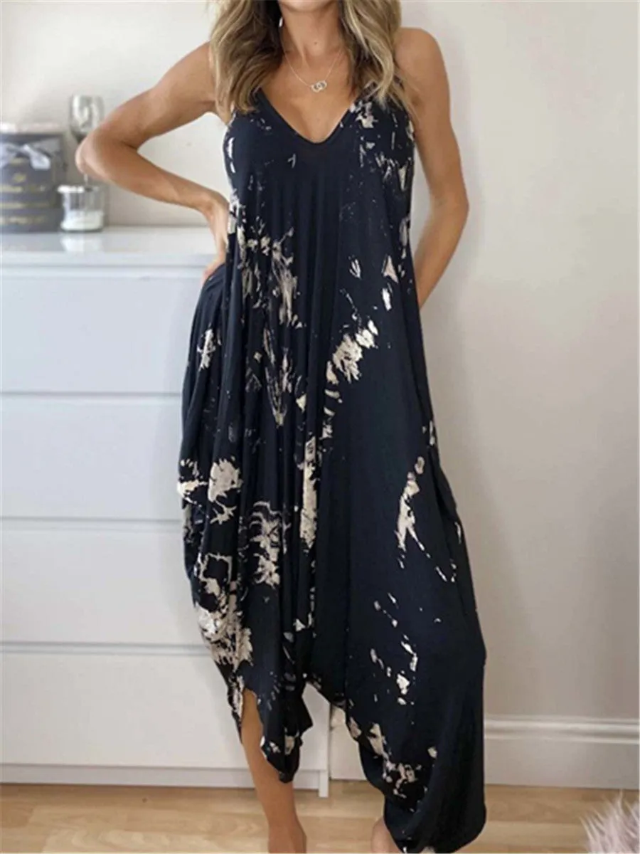 Sexy Splash Ink V-neck Slip Casual Jumpsuit