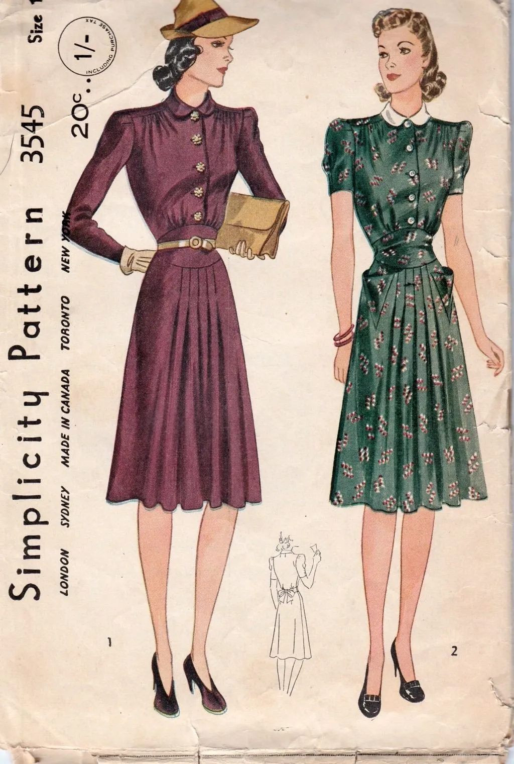 Simplicity 3545 Vintage 1940's Sewing Pattern Ladies Shirtwaist Pleated Dress 1930's