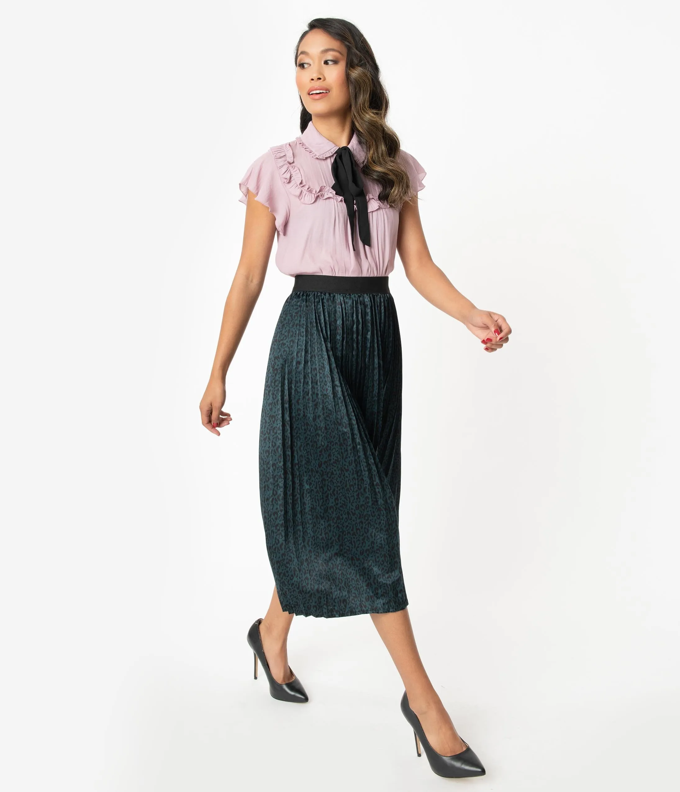 Teal Animal Print Pleated Skirt