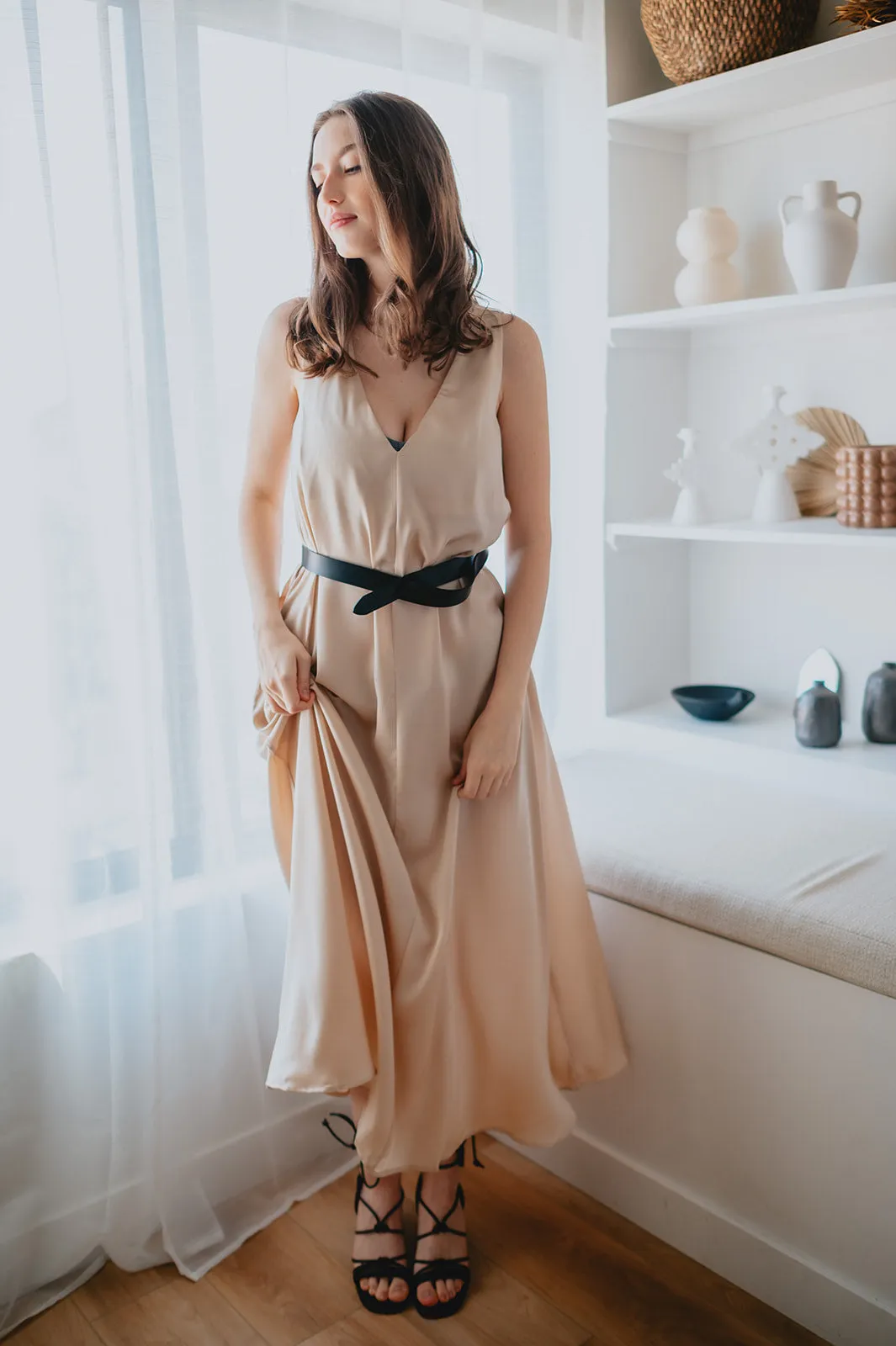 The Cassidy Belted Slip Dress - Champagne