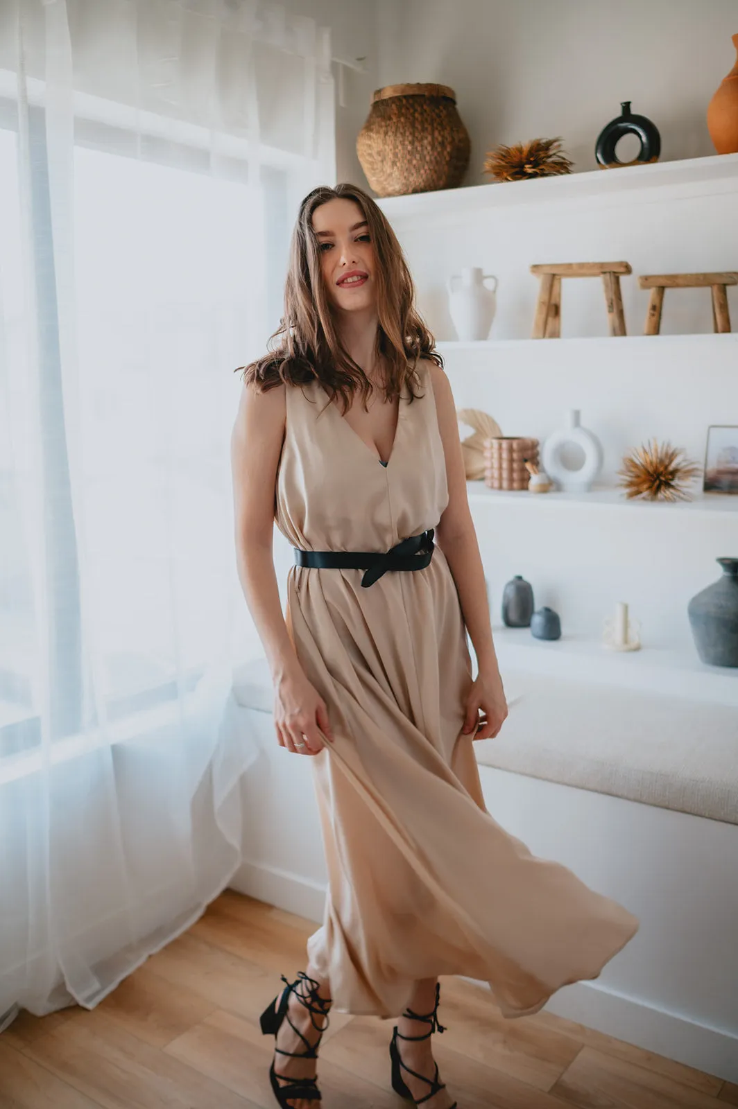 The Cassidy Belted Slip Dress - Champagne