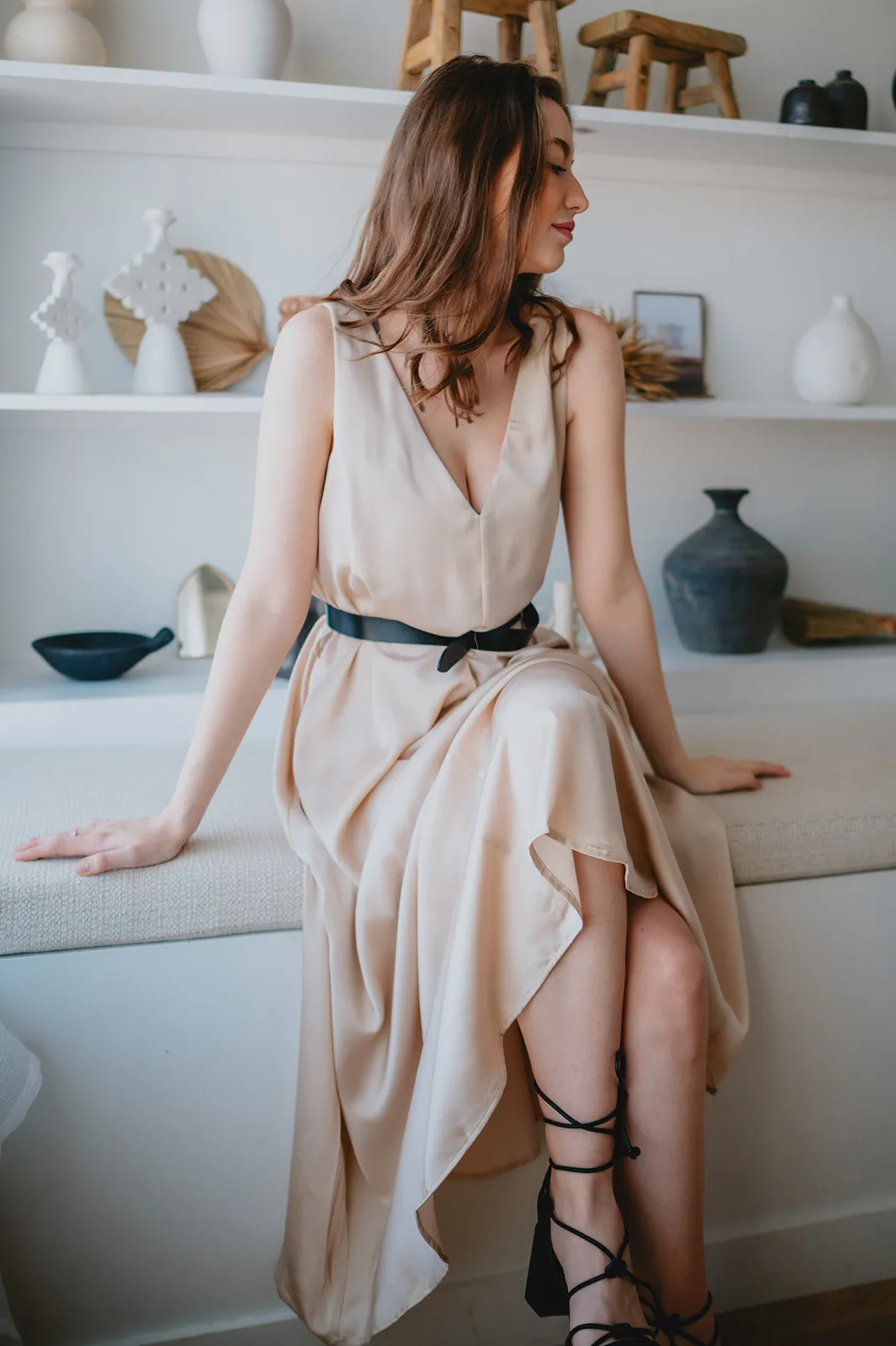 The Cassidy Belted Slip Dress - Champagne