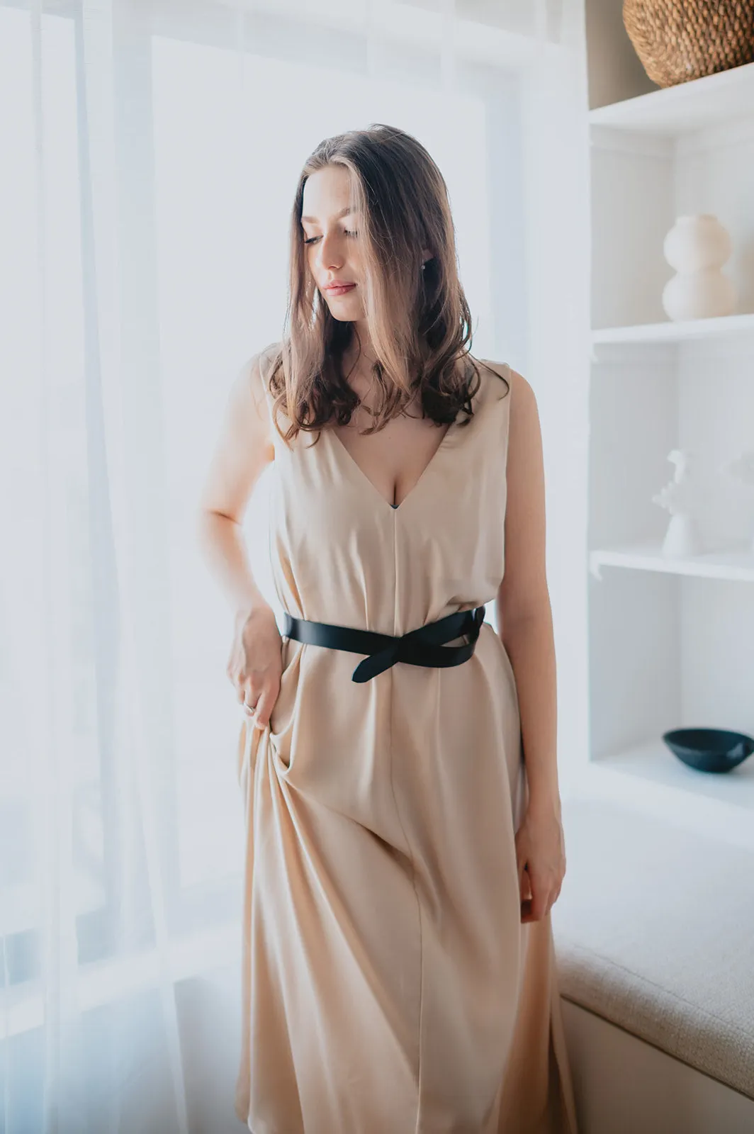 The Cassidy Belted Slip Dress - Champagne