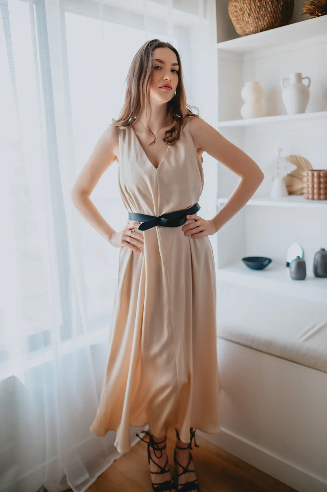 The Cassidy Belted Slip Dress - Champagne