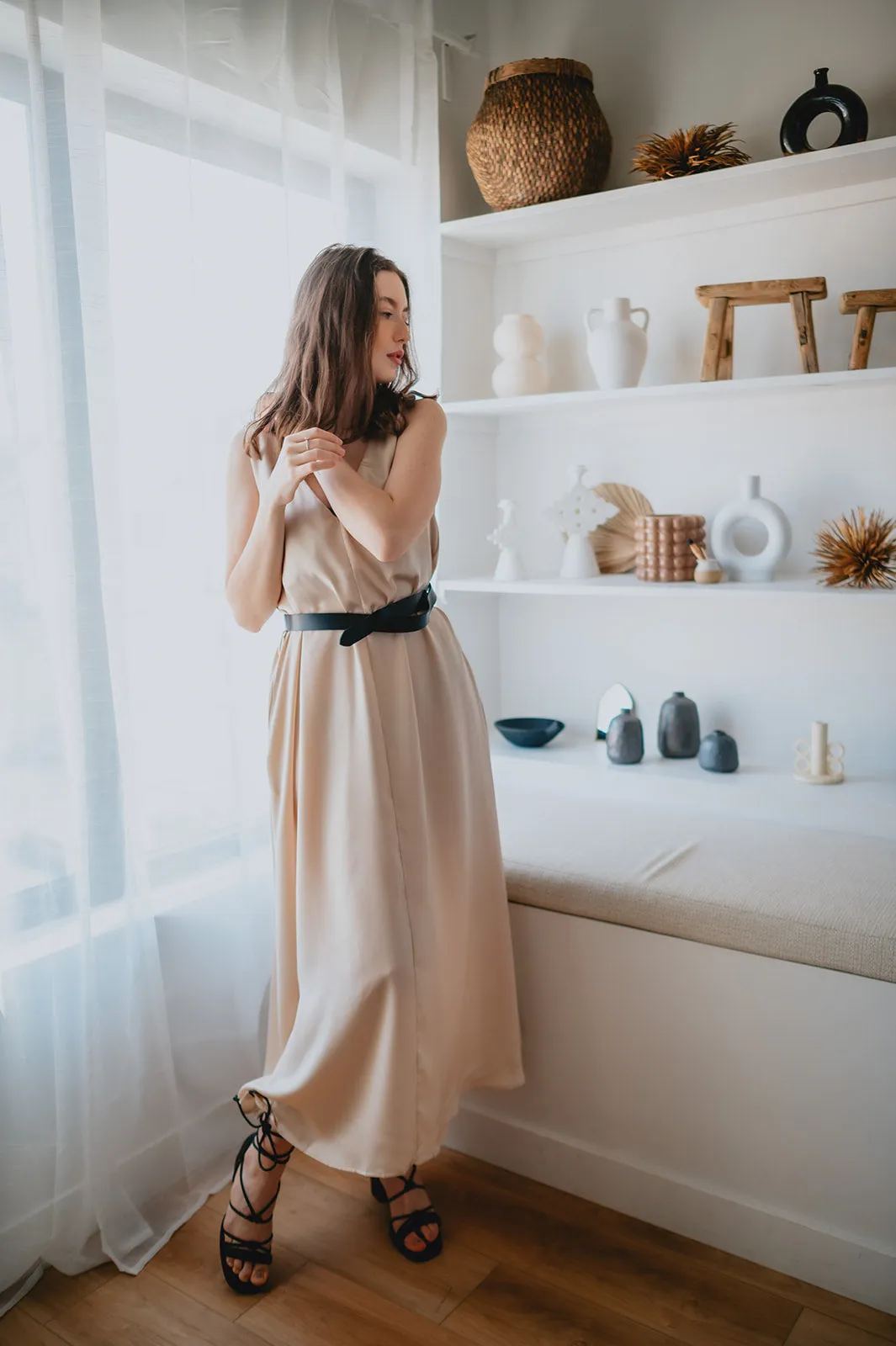 The Cassidy Belted Slip Dress - Champagne