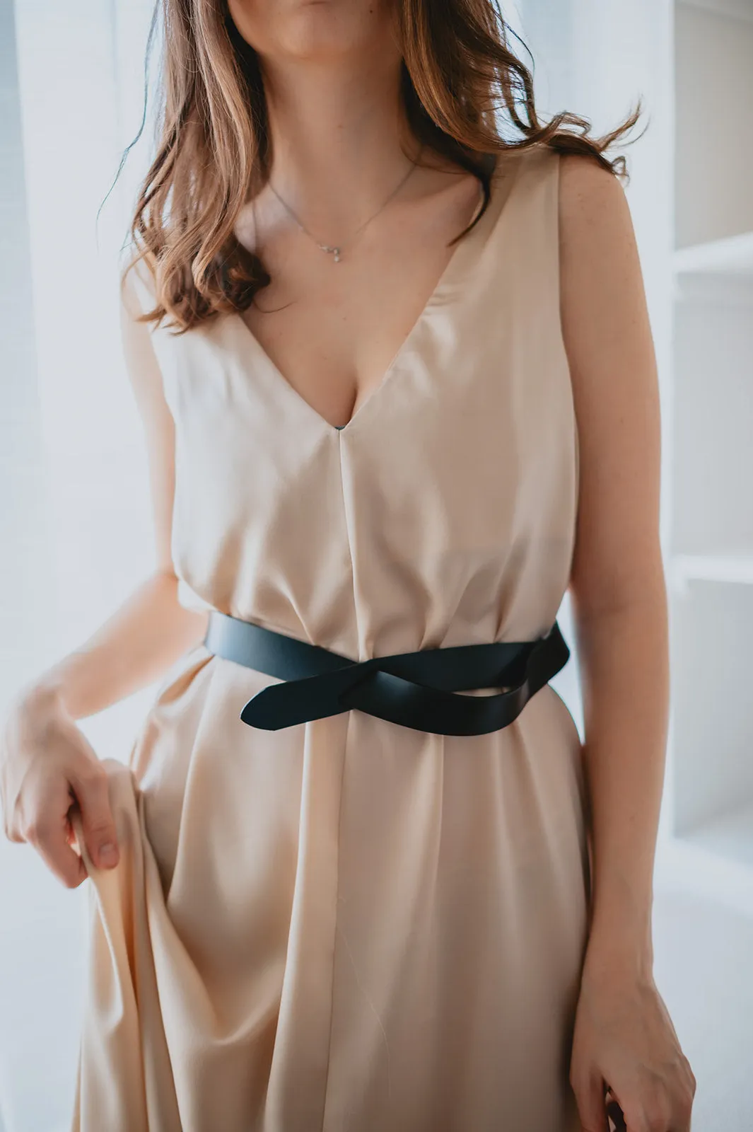 The Cassidy Belted Slip Dress - Champagne