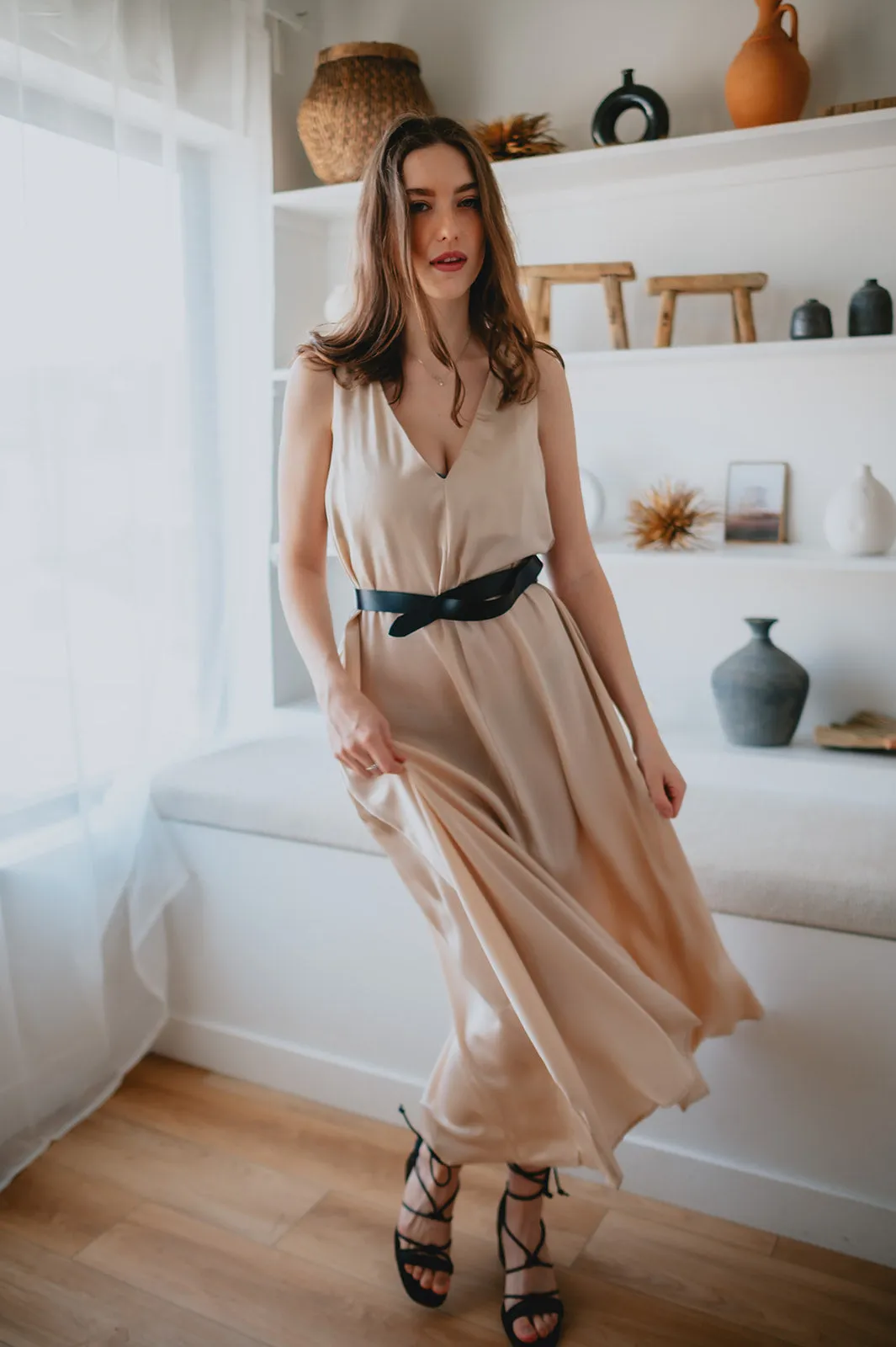 The Cassidy Belted Slip Dress - Champagne