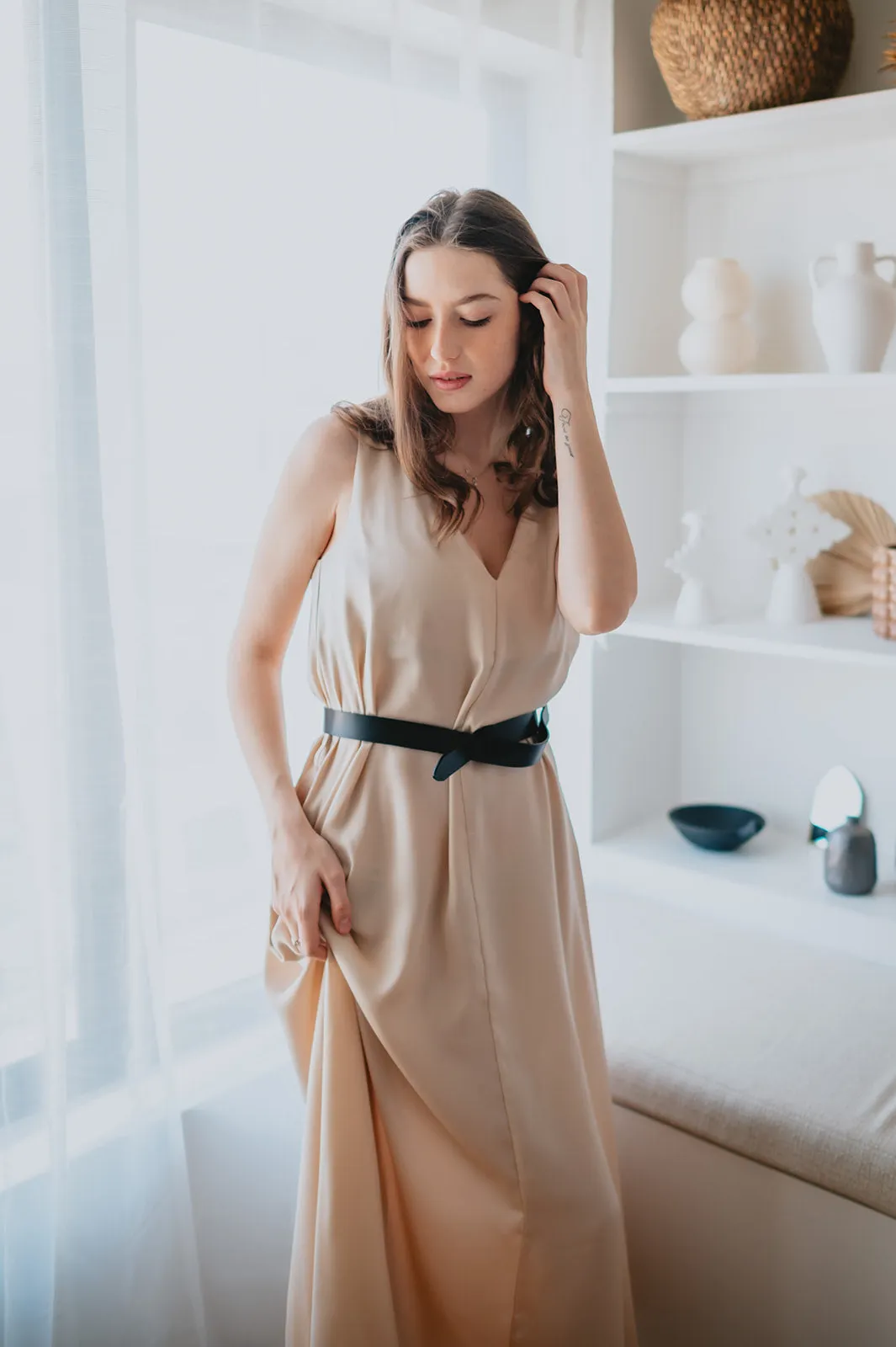 The Cassidy Belted Slip Dress - Champagne