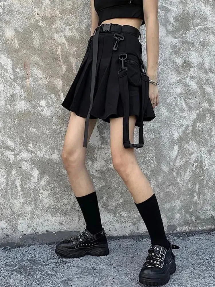 Uniwim JK Skirt Japanese Style Black Cargo Pleated Skirt Harajuku Alt Tooling Short Skater Women Techwear Gothic Pockets Uniform Skirts