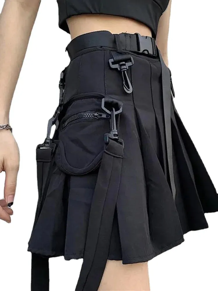 Uniwim JK Skirt Japanese Style Black Cargo Pleated Skirt Harajuku Alt Tooling Short Skater Women Techwear Gothic Pockets Uniform Skirts