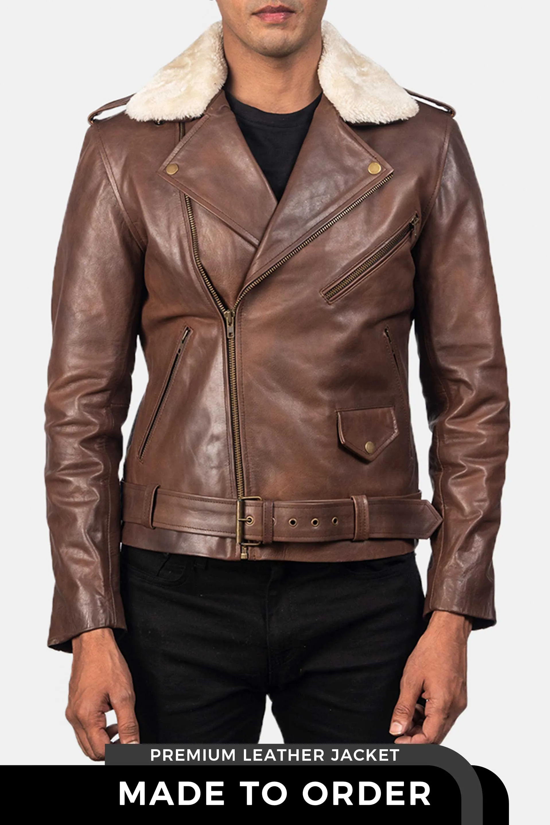 Urban Rider | Men's Brown Fur Collar Leather Biker Jacket