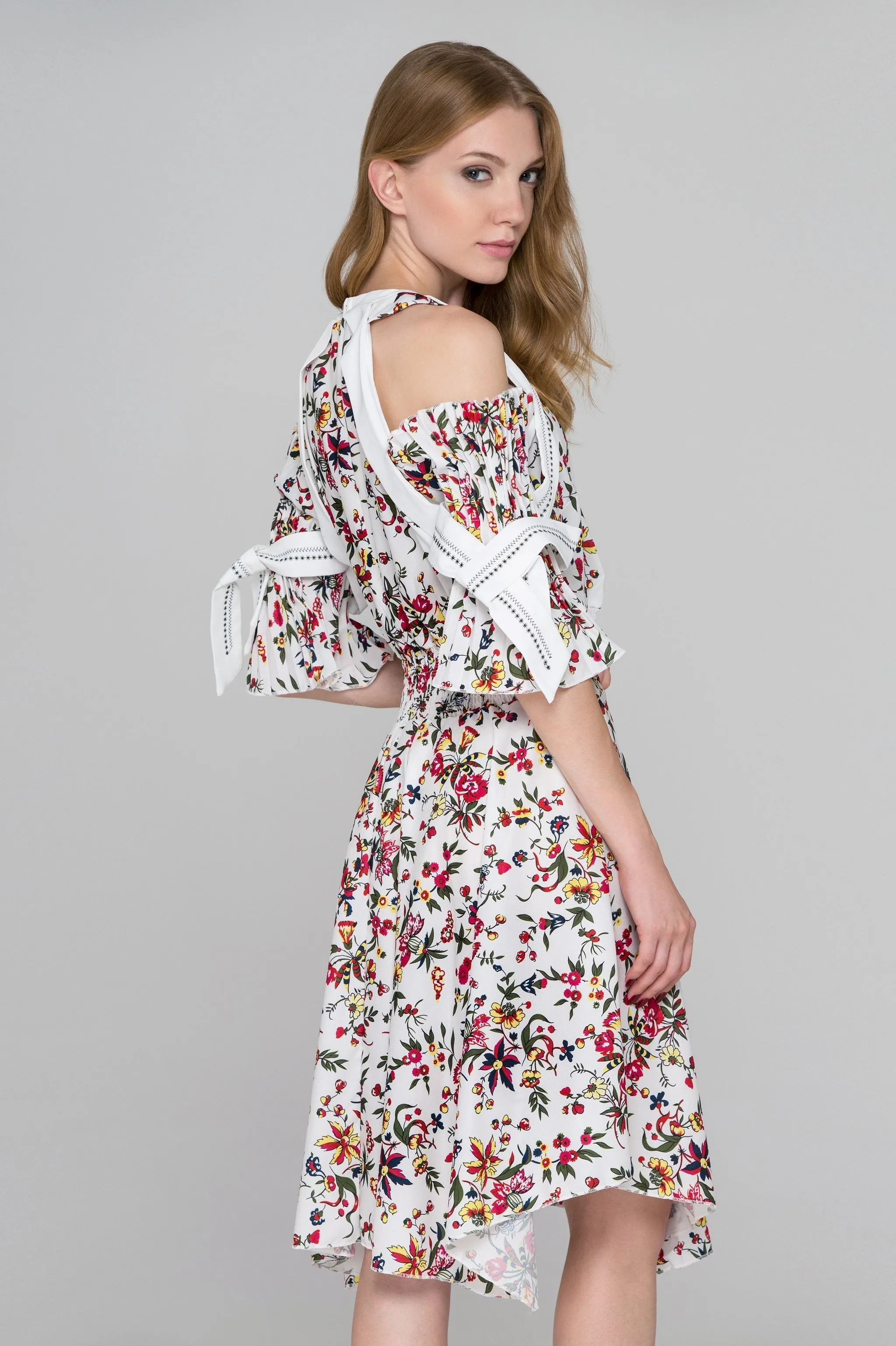 White Floral Print Pleated Sleeves Cold Shoulder Midi Dress