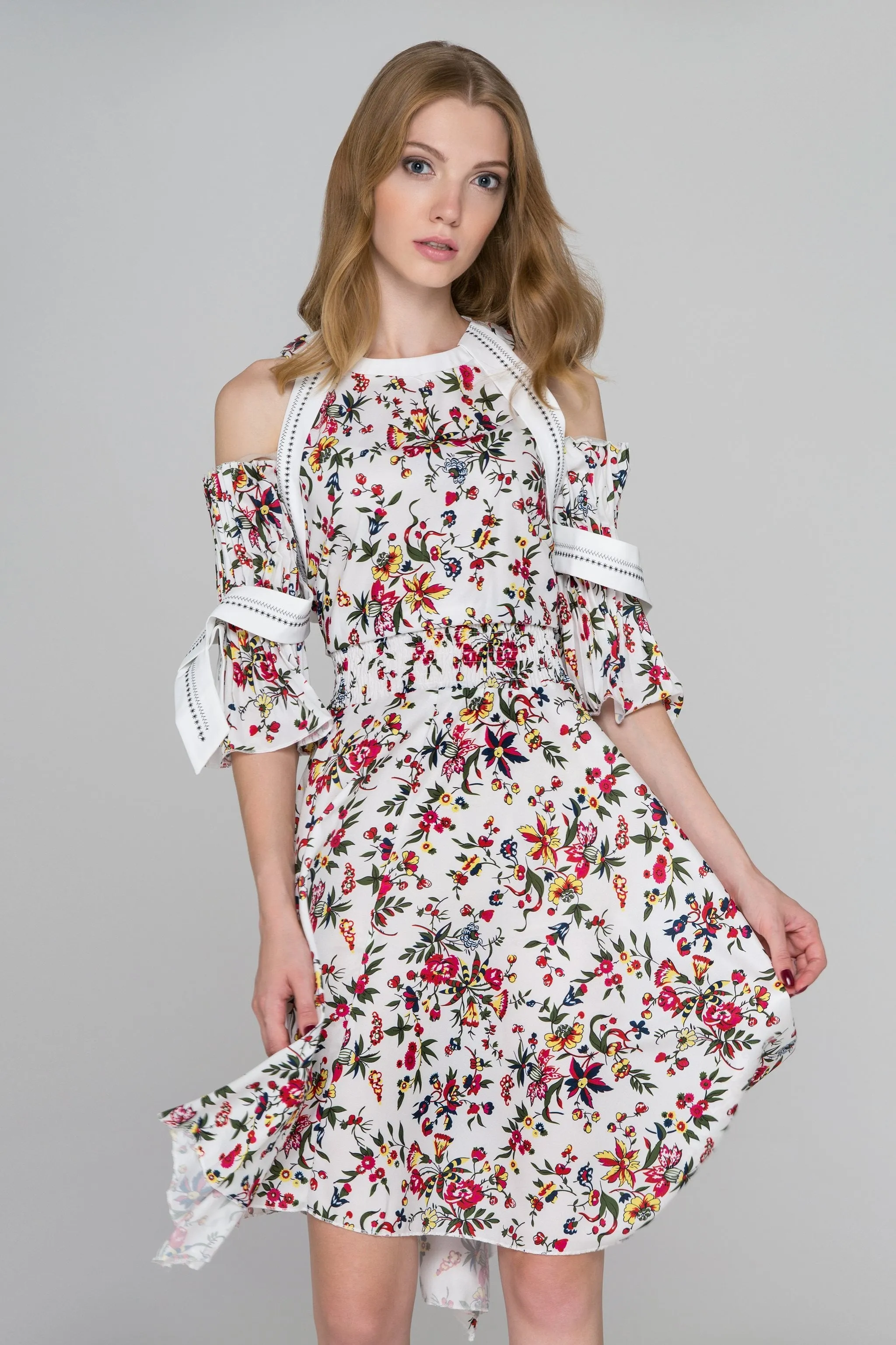 White Floral Print Pleated Sleeves Cold Shoulder Midi Dress