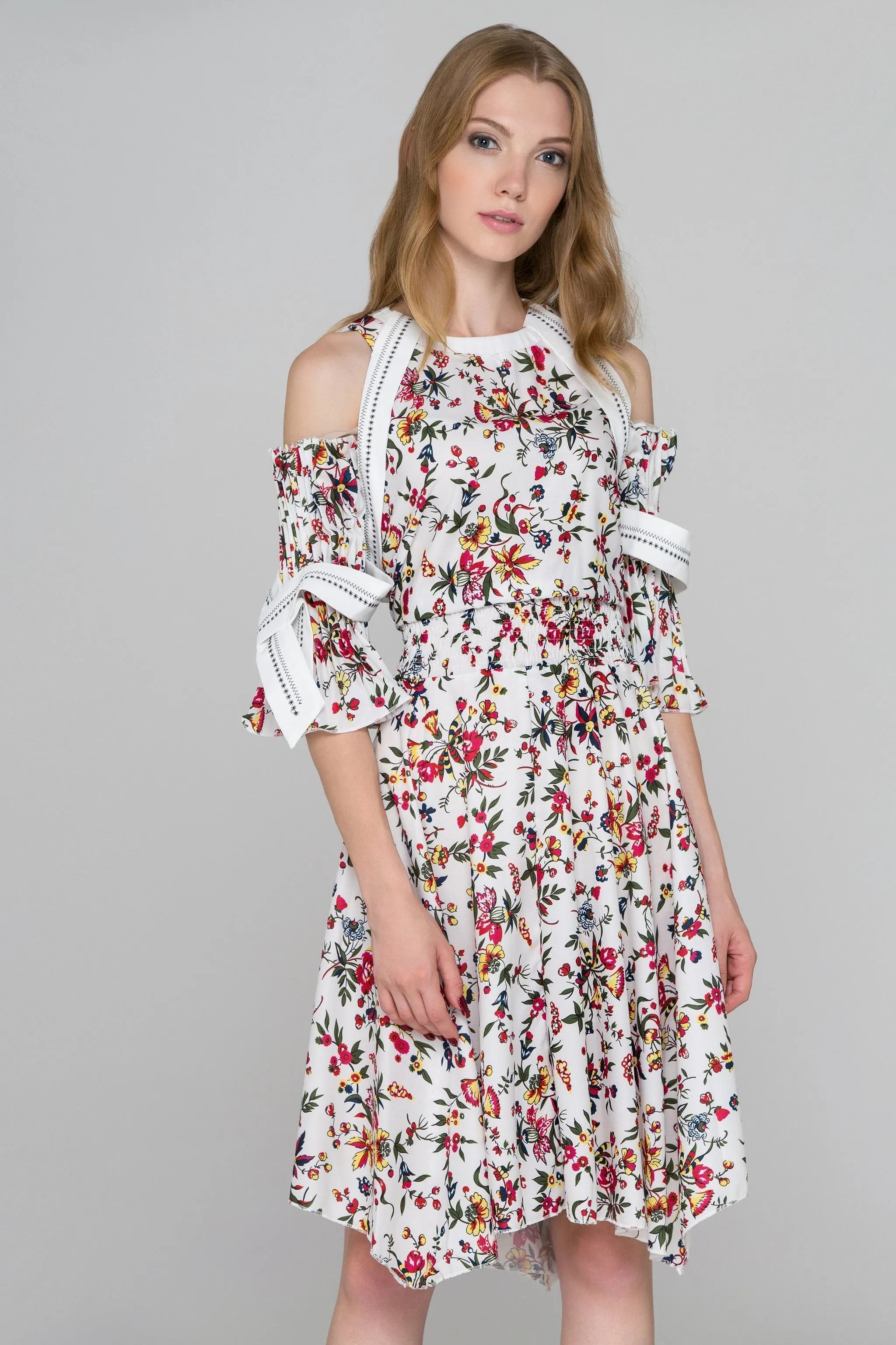 White Floral Print Pleated Sleeves Cold Shoulder Midi Dress