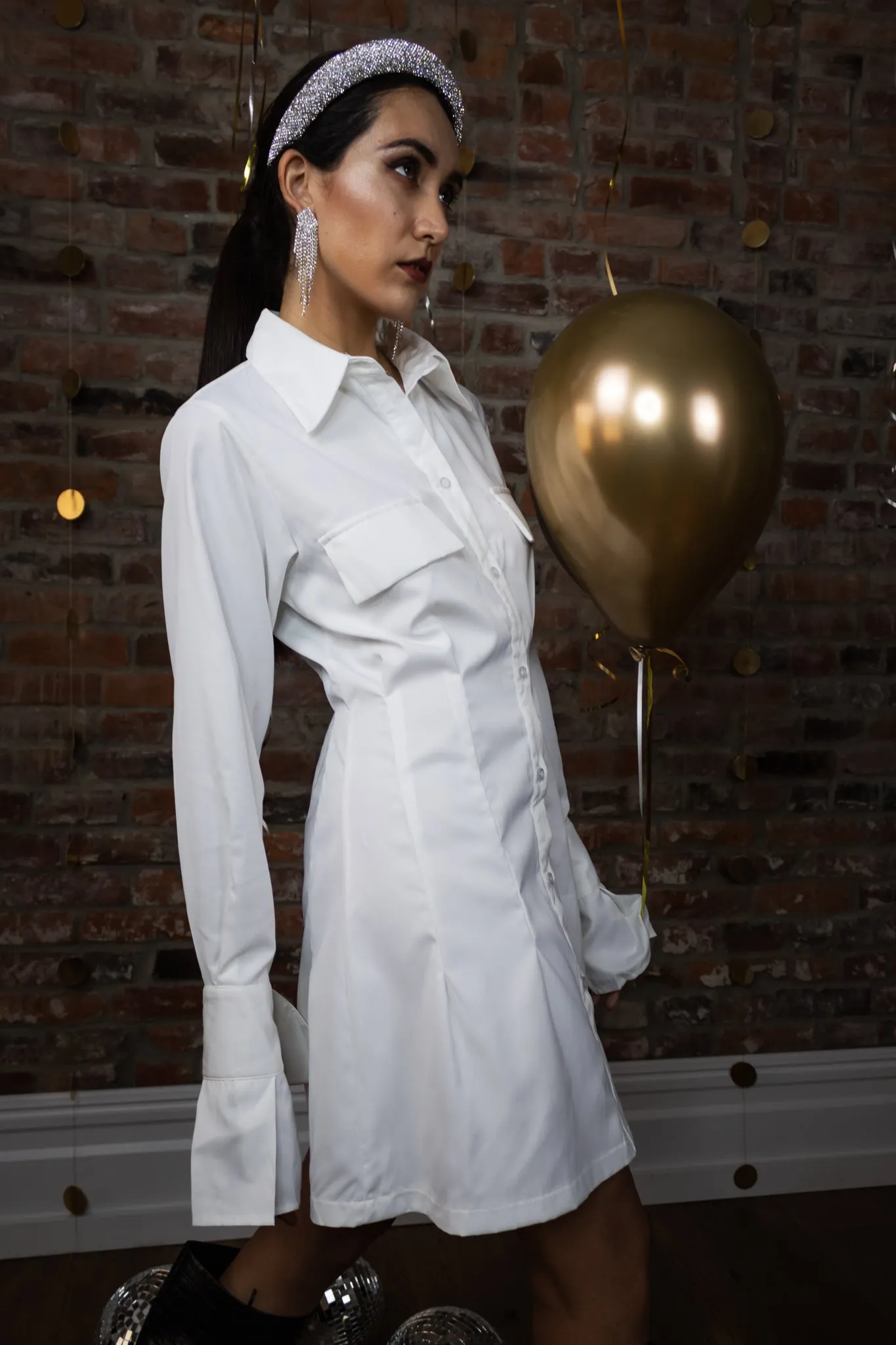 White Pleated Collared Shirt Dress