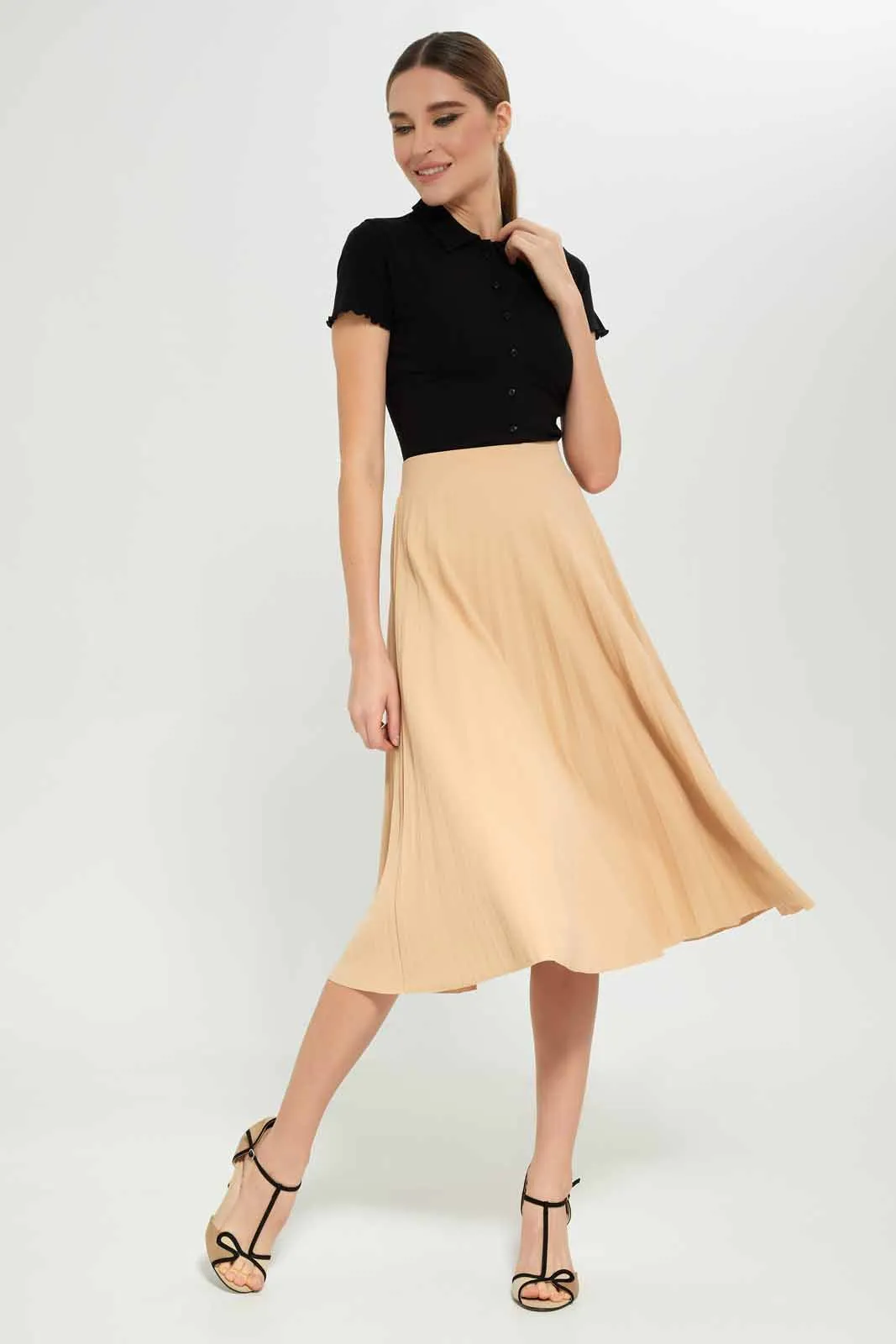 Women Beige Pleated Skirt