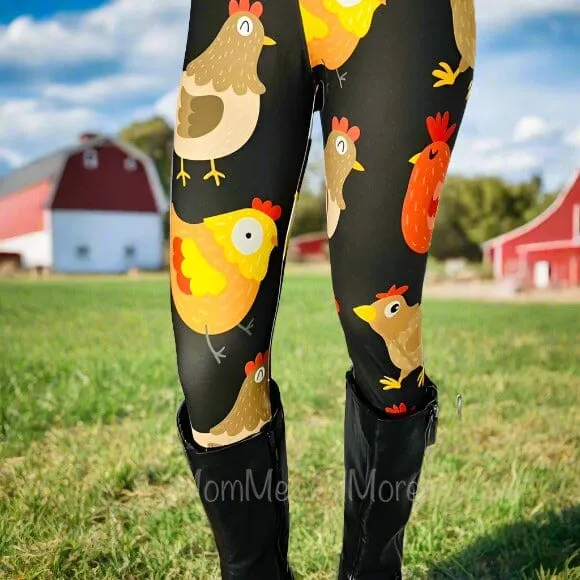 Womens Chicken Rooster Leggings, Soft Yoga Pants, Sizes OS/TC/TC2, Yoga Waist, Black/Yellow, Exclusive Leggings