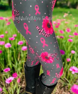 Womens Pink Ribbon Leggings, Soft Yoga Pants, Sizes OS/TC, Gray/Pink, Yoga Waist, Exclusive Leggings