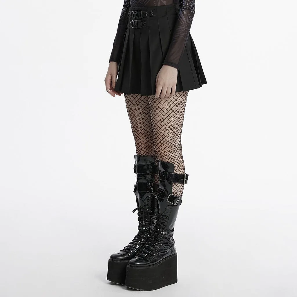 Women's Punk Skull Buckle Pleated Skirt