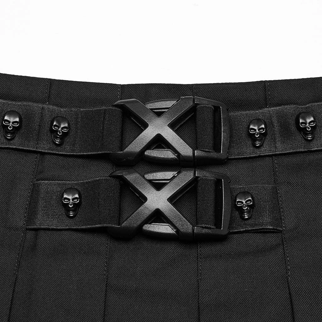 Women's Punk Skull Buckle Pleated Skirt