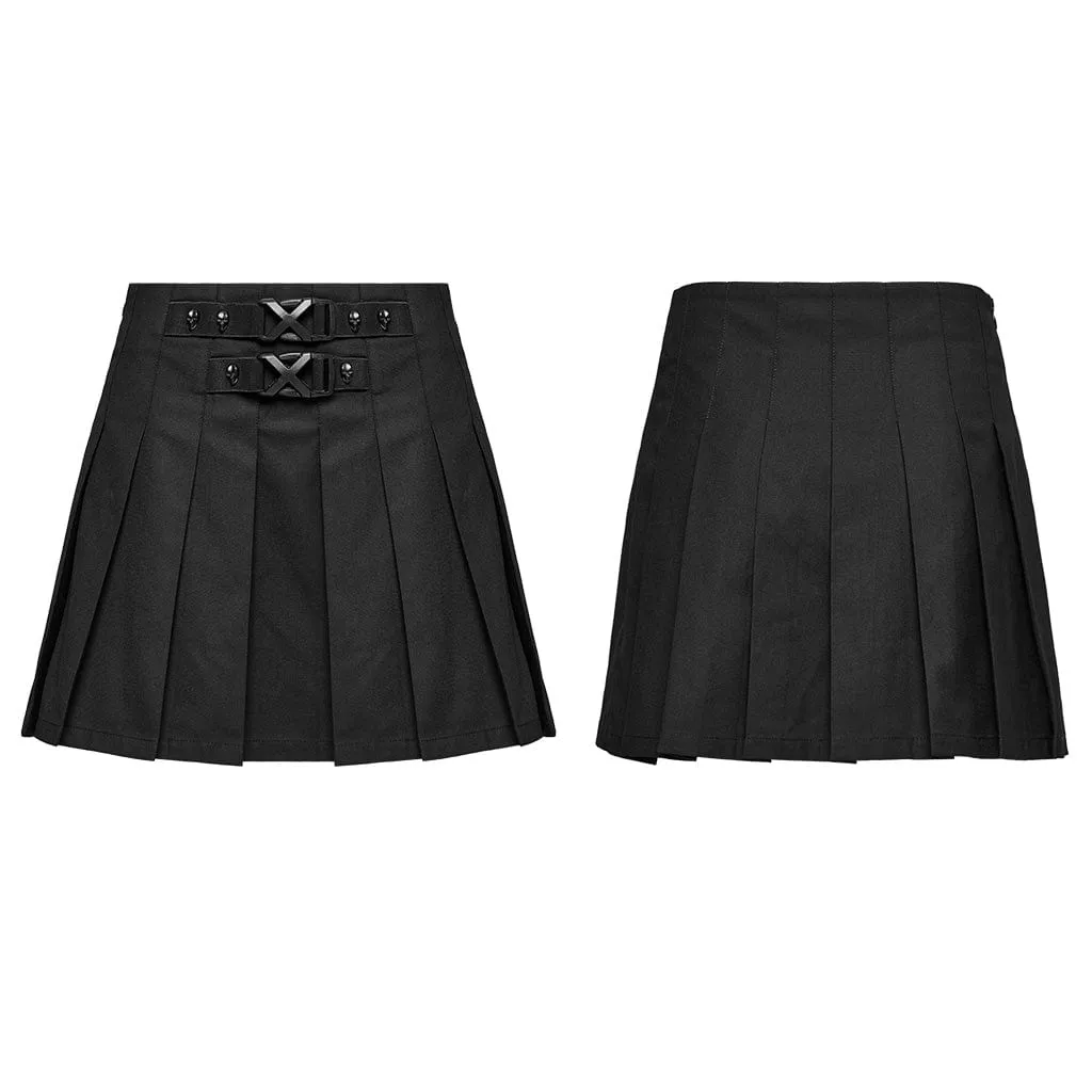 Women's Punk Skull Buckle Pleated Skirt