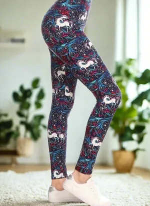 Womens Unicorn Leggings, Soft Yoga Pants, Sizes 0-20, Yoga Waist, Blue/White