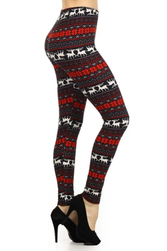 Yoga Waist (5") Black/Red Reindeer Print Leggings